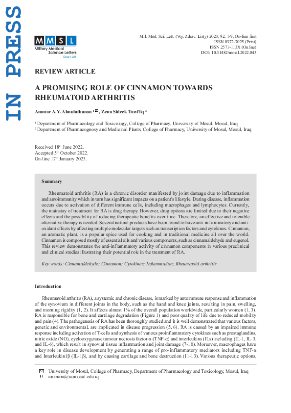 (PDF) A Promising Role of Cinnamon Towards Rheumatoid Arthritis Ammar Almulathanon Academia.edu
