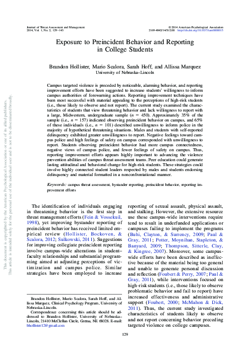 (PDF) Exposure to Pre-Incident Behavior and Reporting in College Students