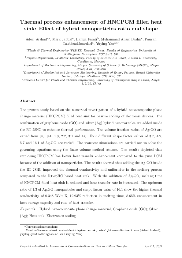 (PDF) Thermal process enhancement of HNCPCM filled heat sink: Effect of ...