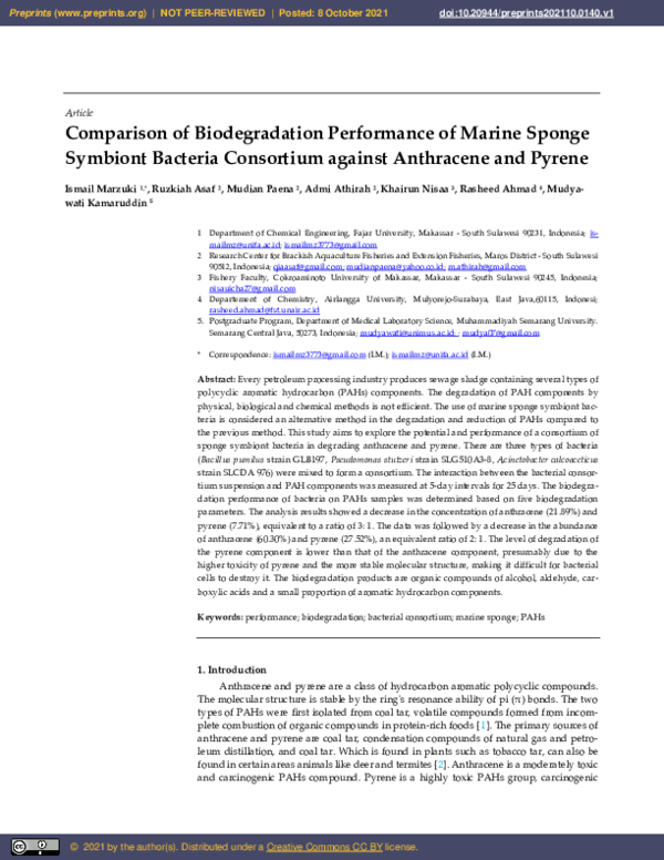 (PDF) Comparison of Biodegradation Performance of Marine Sponge ...