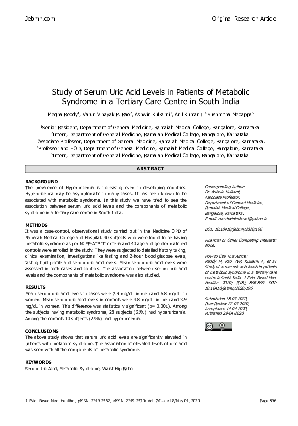 (PDF) Study of Serum Uric Acid Levels in Patients of Metabolic Syndrome ...