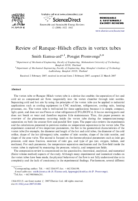 (PDF) Review of Ranque–Hilsch effects in vortex tubes