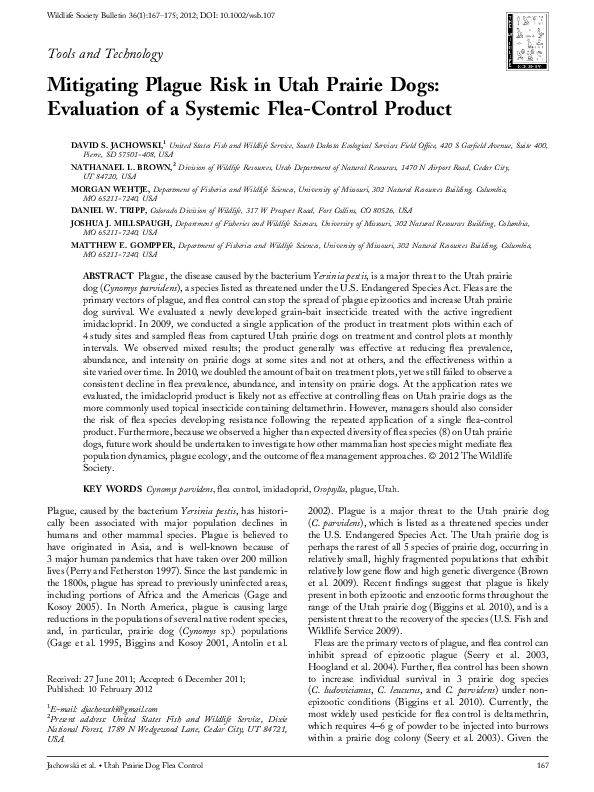 (PDF) Mitigating plague risk in utah prairie dogs: Evaluation of a ...