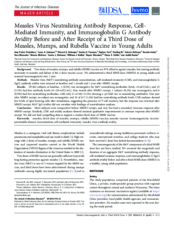 (PDF) Measles Virus Neutralizing Antibody Response, Cell-Mediated ...