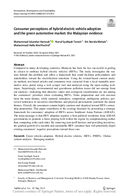 (PDF) Consumer perceptions of hybrid electric vehicle adoption and the ...