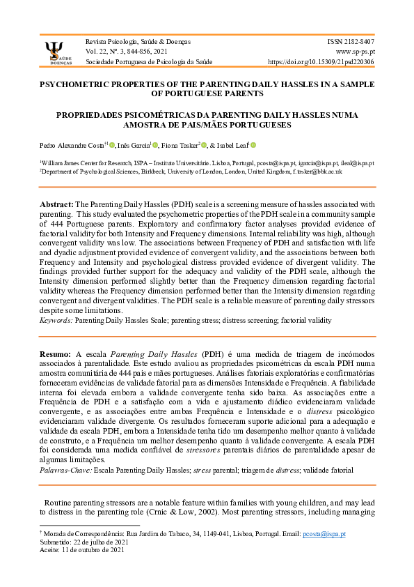 (PDF) Psychometric Properties of the Parenting Daily Hassles in a ...