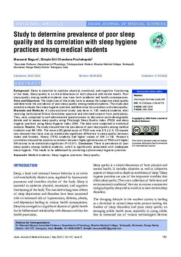 (PDF) Study to determine prevalence of poor sleep quality and its ...