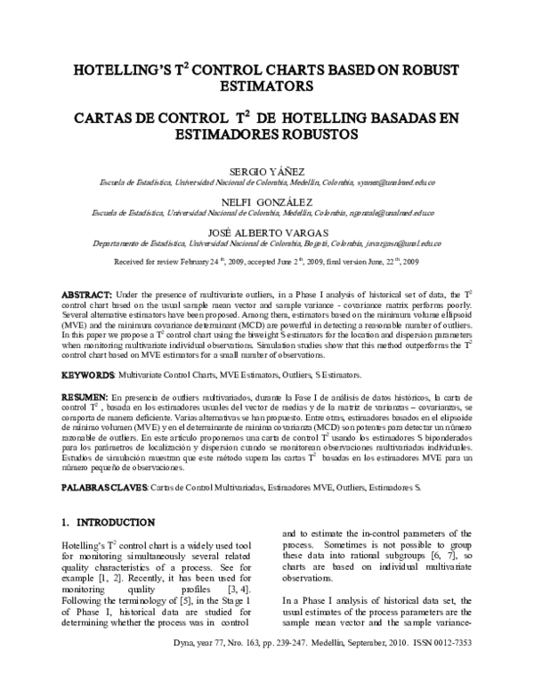 (PDF) Hotelling's T² Control Charts Based on Robust Estimators | Sergio ...