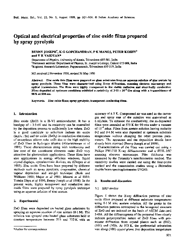 (PDF) Optical and electrical properties of zinc oxide films prepared by ...