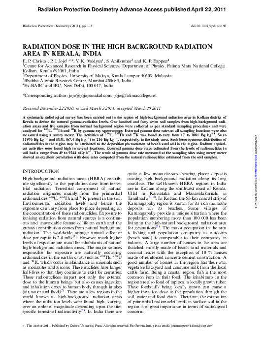 (PDF) Radiation dose in the high background radiation area in Kerala, India Kurian Vaidyan