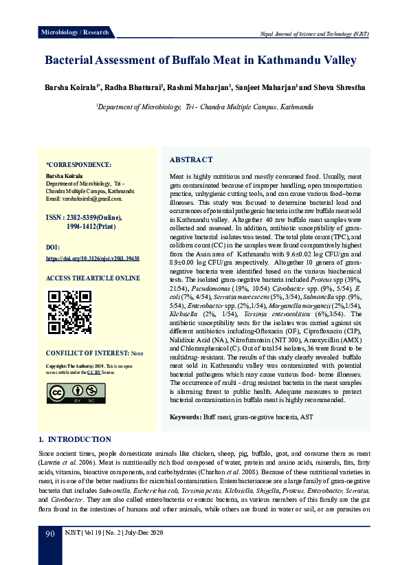 (PDF) Bacterial Assessment of Buffalo Meat in Kathmandu Valley
