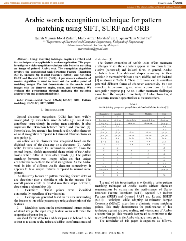 (PDF) Arabic words recognition technique for pattern matching using
