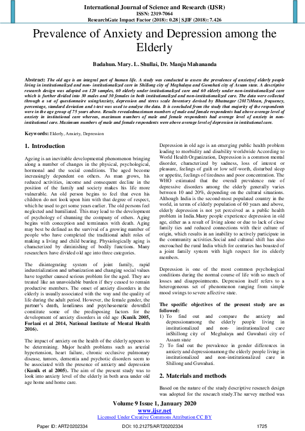 (PDF) Prevalence of Anxiety and Depression among the Elderly