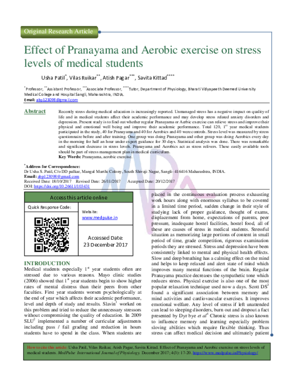 (PDF) Effect of Pranayama and Aerobic exercise on stress levels of ...