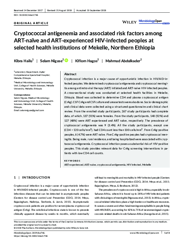 Cryptococcal antigenemia and associated risk factors among ART‐naïve and ART‐experienced HIV‐infected peoples at selected health institutions of Mekelle, Northern Ethiopia