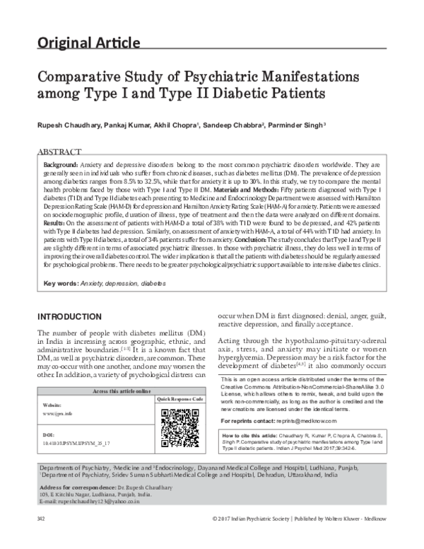 (PDF) Comparative Study of Psychiatric Manifestations among Type I and ...