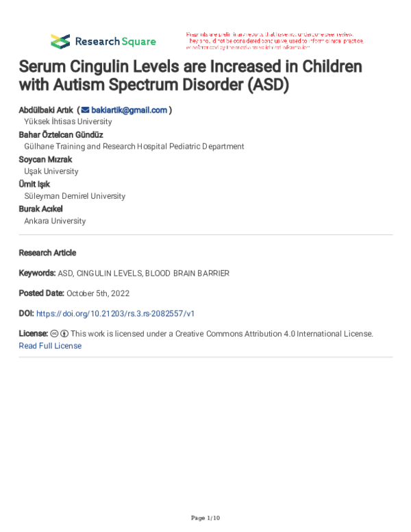 (PDF) Serum Cingulin Levels are Increased in Children with Autism ...