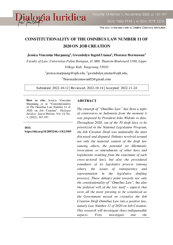 (PDF) Constitutionality of the Omnibus Law Number 11 of 2020 on Job ...