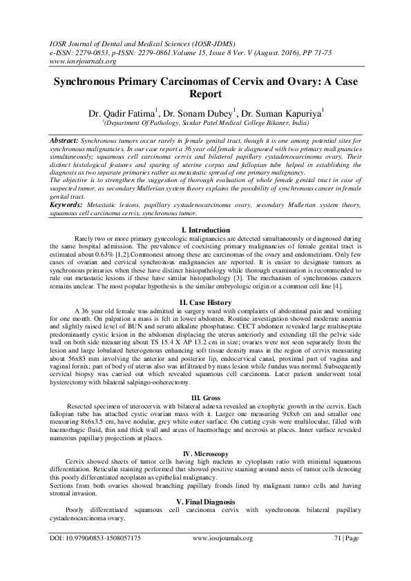 (PDF) Synchronous Primary Carcinomas of Cervix and Ovary: A Case Report