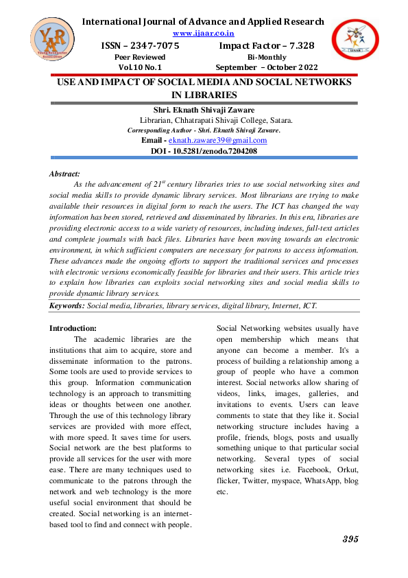 (PDF) Use and Impact of Social media and Social Networks in Libraries