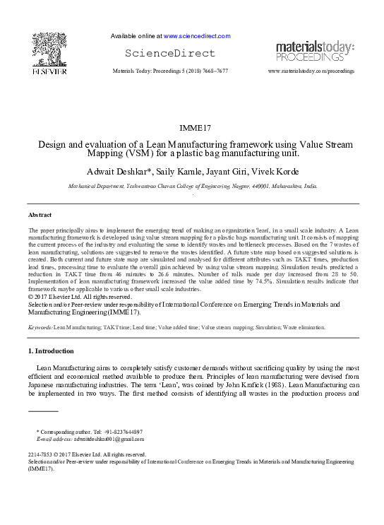 (PDF) Design and evaluation of a Lean Manufacturing framework using Value Stream Mapping (VSM