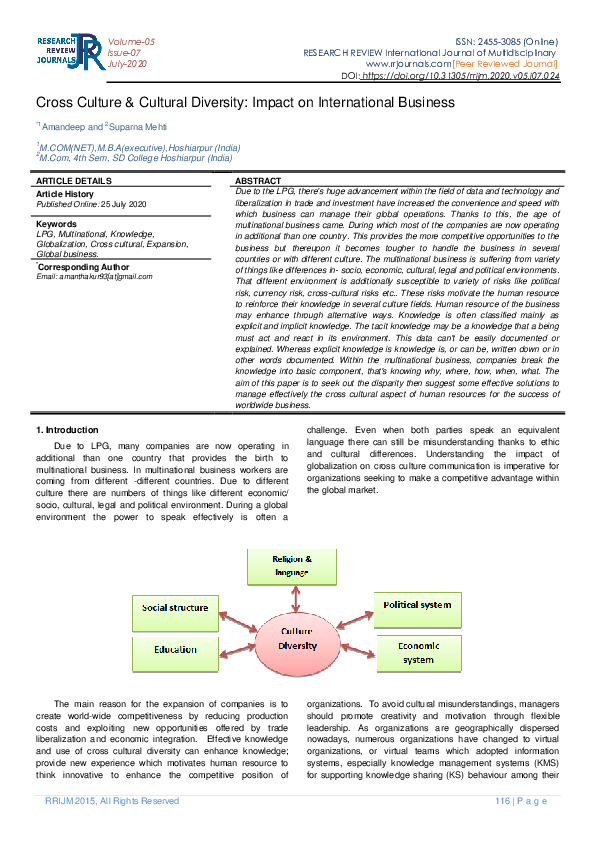 (PDF) Cross Culture & Cultural Diversity: Impact on International Business