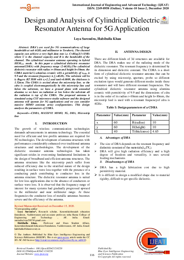 (PDF) Design and Analysis of Cylindrical Dielectric Resonator Antenna ...