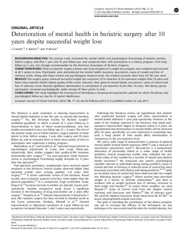 (PDF) Deterioration of mental health in bariatric surgery after 10 ...