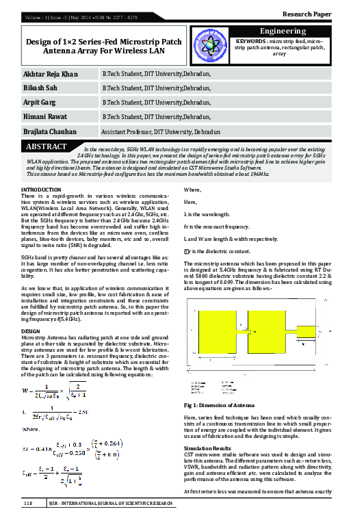 (PDF) Design of 1×2 Series-Fed Microstrip Patch Antenna Array For ...