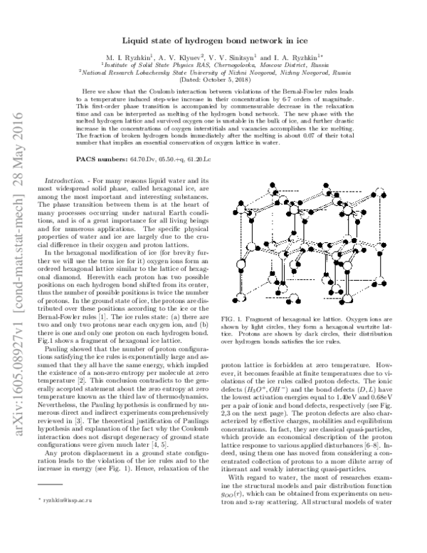 (PDF) Liquid state of a hydrogen bond network in ice