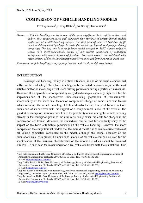 (PDF) Comparison of Vehicle Handling Models Petr Hejtmánek Academia.edu