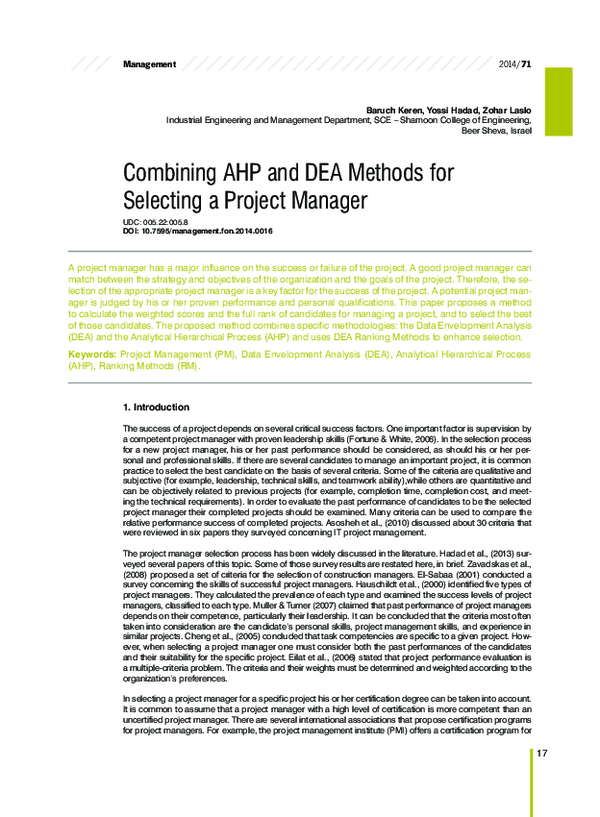 (PDF) Combining AHP and DEA Methods for Selecting a Project Manager