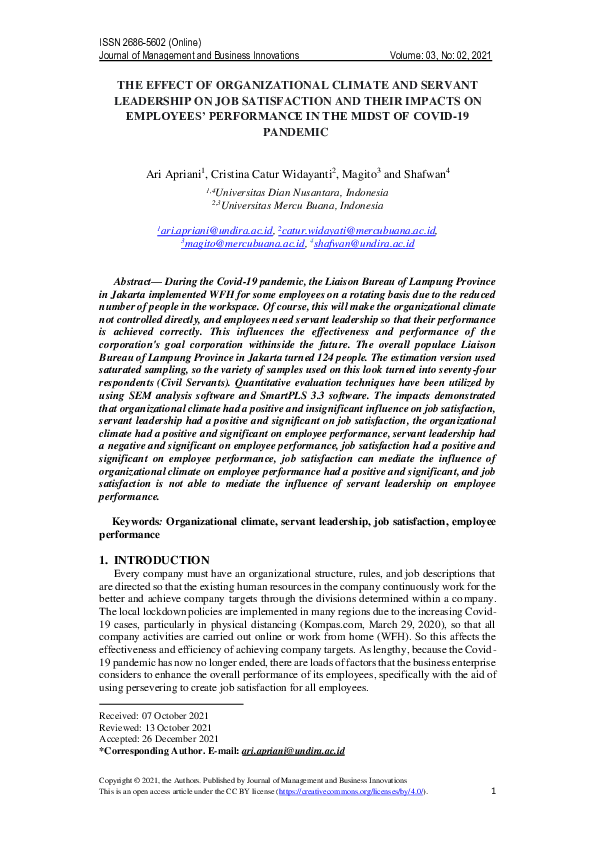 (PDF) The Effect Of Organizational Climate And Servant Leadership On ...