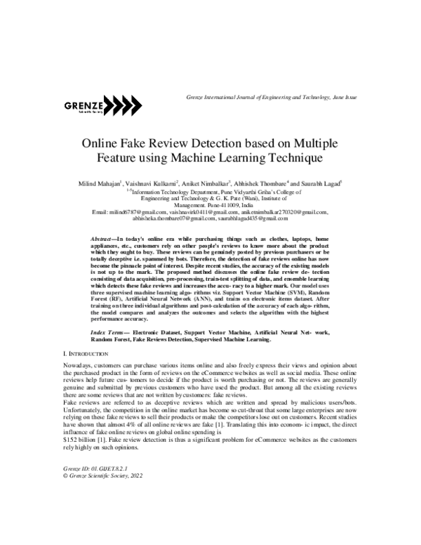 (PDF) Online Fake Review Detection based on Multiple Feature using ...