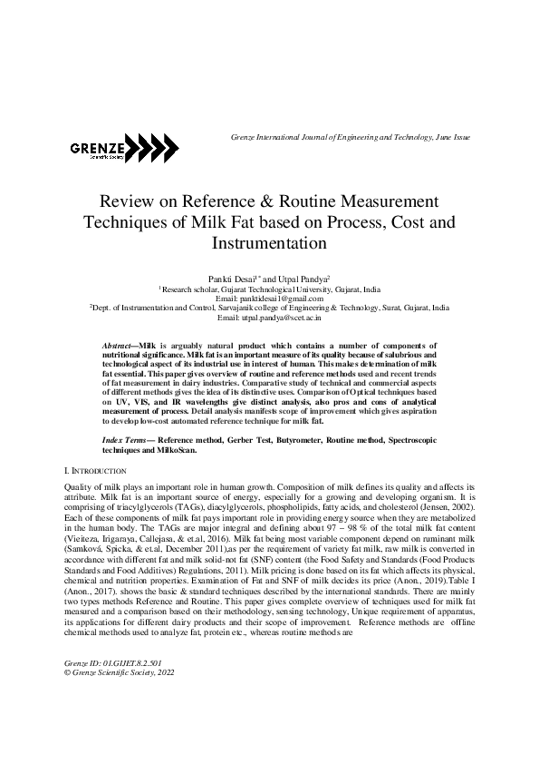 (PDF) Review on Reference & Routine Measurement Techniques of Milk Fat ...