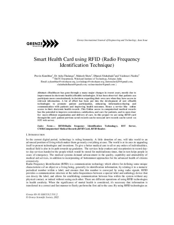 (PDF) Smart Health Card using RFID (Radio Frequency Identification ...