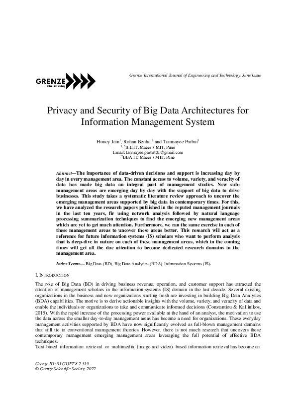 (PDF) Privacy and Security of Big Data Architectures for Information ...