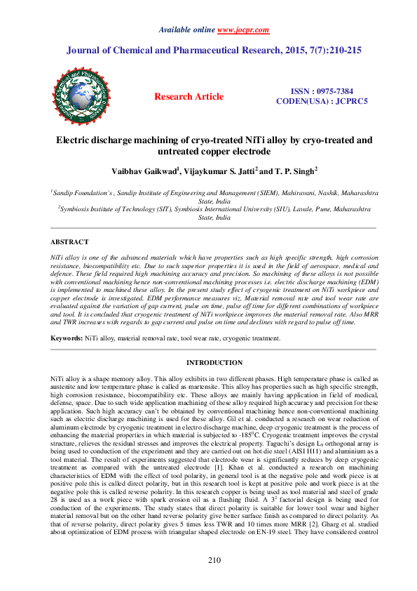 (PDF) Electric Discharge Machining of Cryo-Treated NiTi Alloys