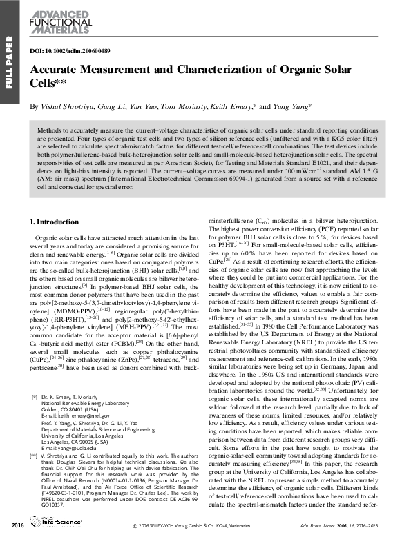 (PDF) Accurate Measurement and Characterization of Organic Solar Cells