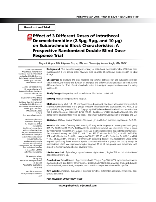 (PDF) Effect of 3 Different Doses of Intrathecal Dexmedetomidine (2.5µg ...