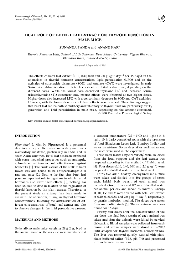 (PDF) Dual role of betel leaf extract on thyroid function in male mice
