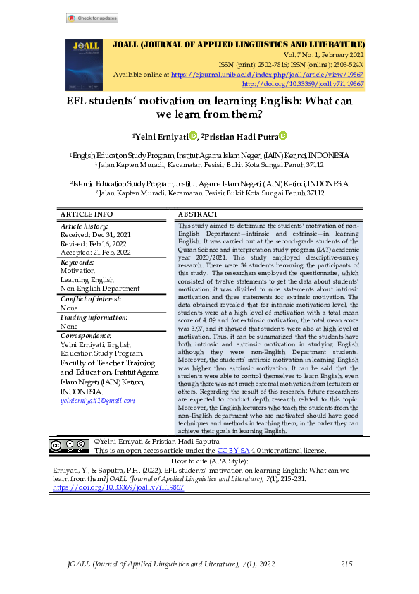 (PDF) EFL students’ motivation on learning English: What can we learn ...