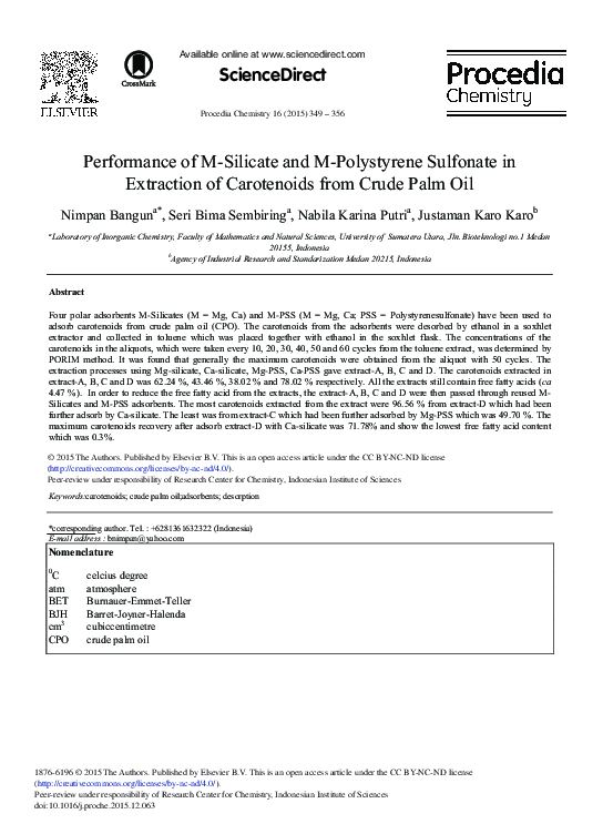 Performance of M-Silicate and M-Polystyrene Sulfonate in Extraction of Carotenoids from Crude Palm Oil