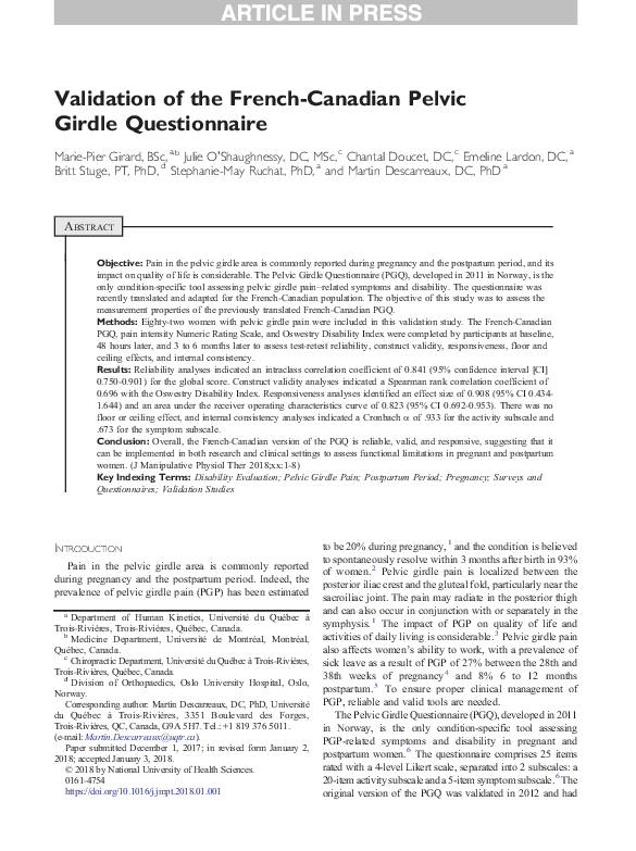 (PDF) Validation of the FrenchCanadian Pelvic Girdle Questionnaire Chantal Doucet Academia.edu