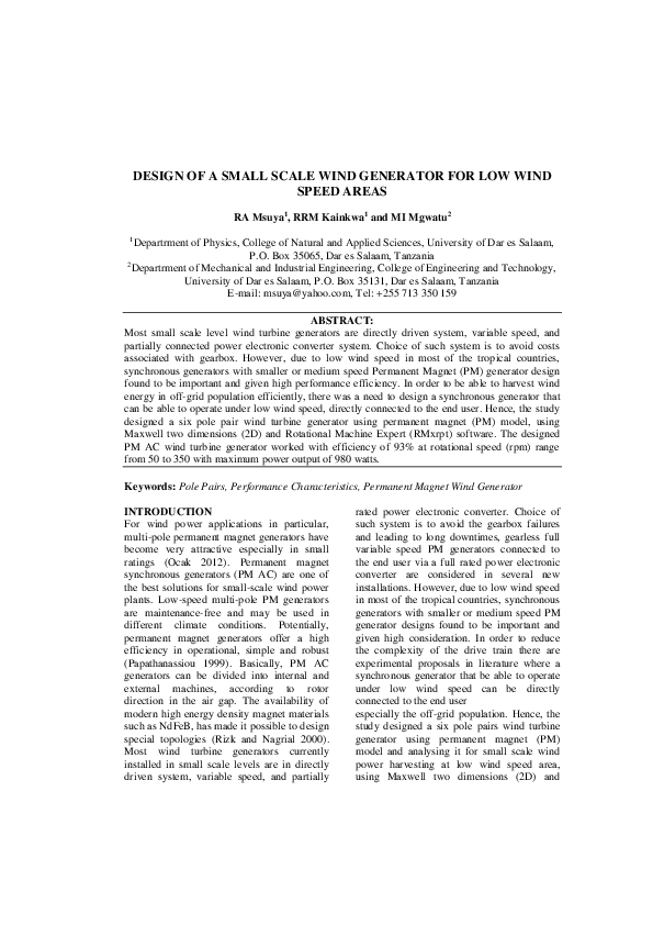 (PDF) Design of a Small Scale Wind Generator for Low Wind Speed Areas