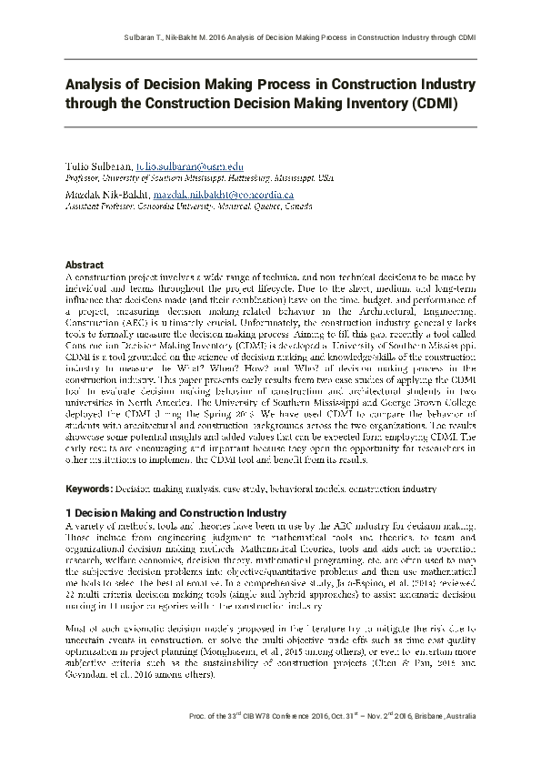 (PDF) Analysis of Decision Making Process in Construction Industry ...