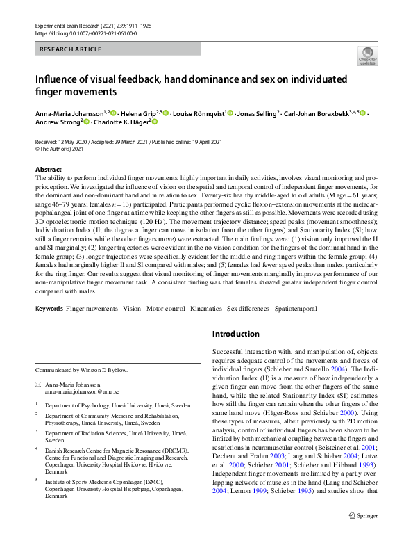 (PDF) Influence of visual feedback, hand dominance and sex on