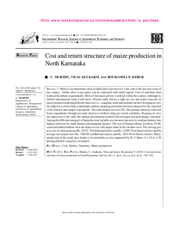 (PDF) Cost and return structure of maize production in North Karnataka