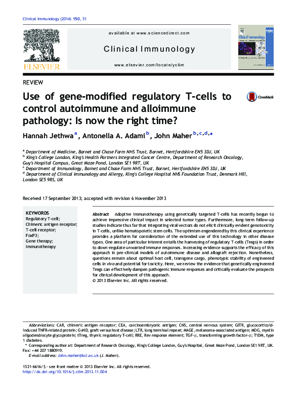(PDF) Use of gene-modified regulatory T-cells to control autoimmune and ...