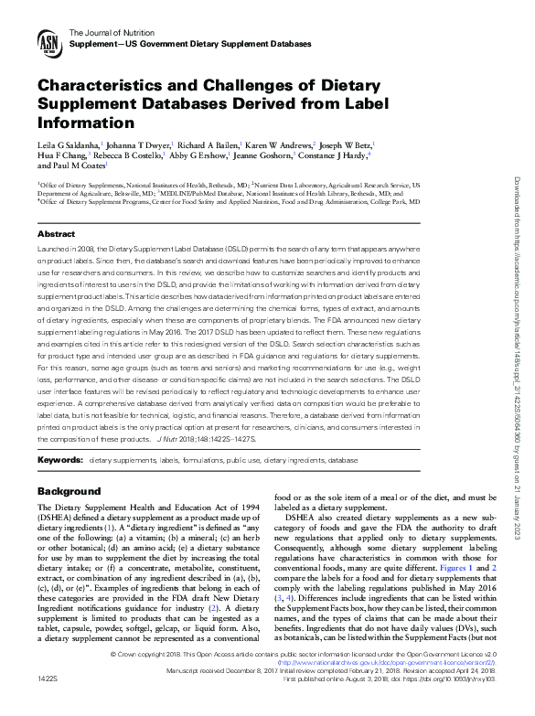 (PDF) Characteristics and Challenges of Dietary Supplement Databases